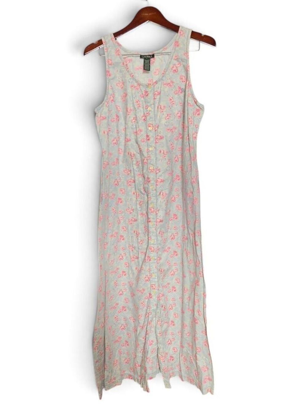 Lauren Ralph Lauren Floral Cotton Vintage Style Nightgown Blue Pink Roses L